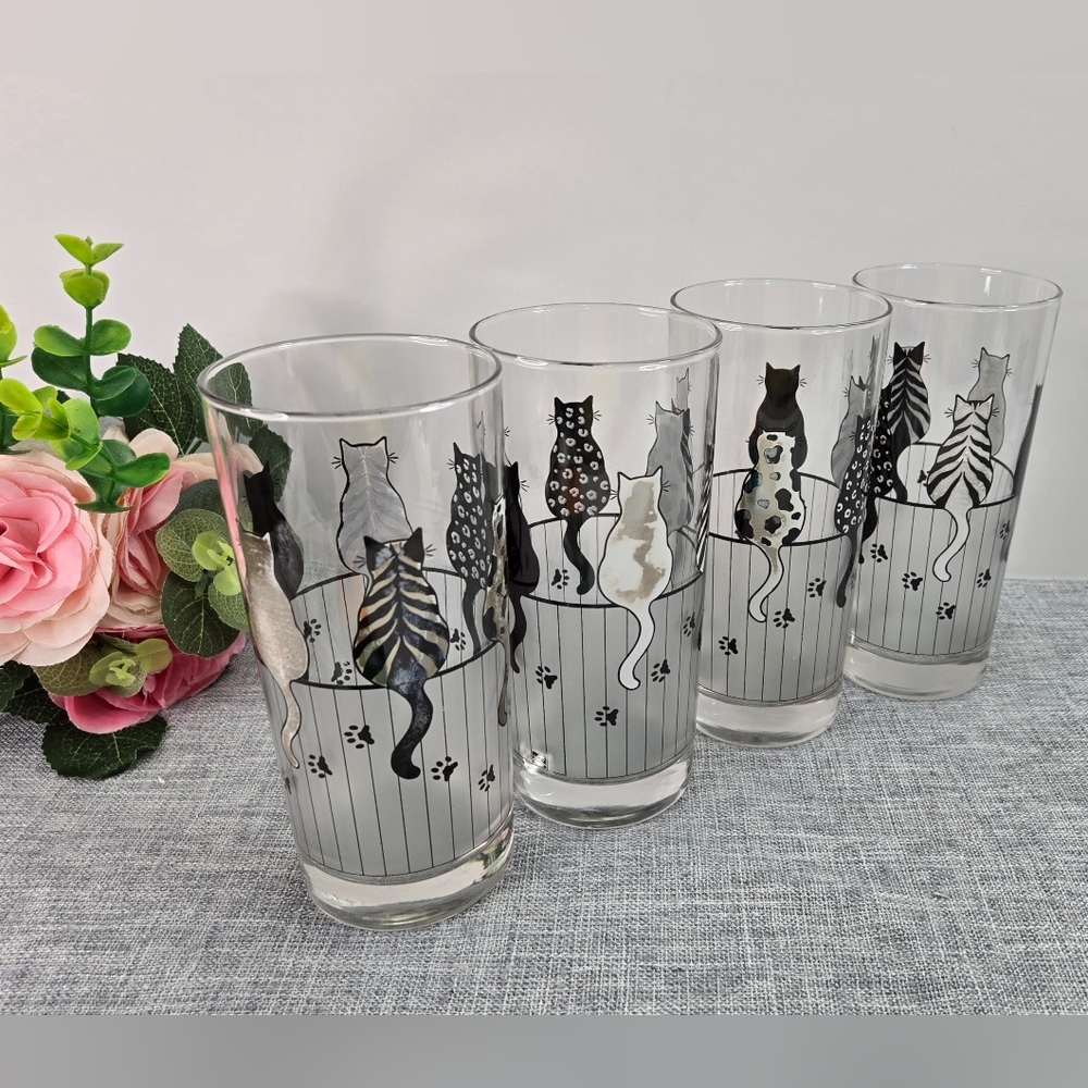 Vintage Rare Set‎ Of 4 Dartington Frosted Cats on Fence Drinking Glasses